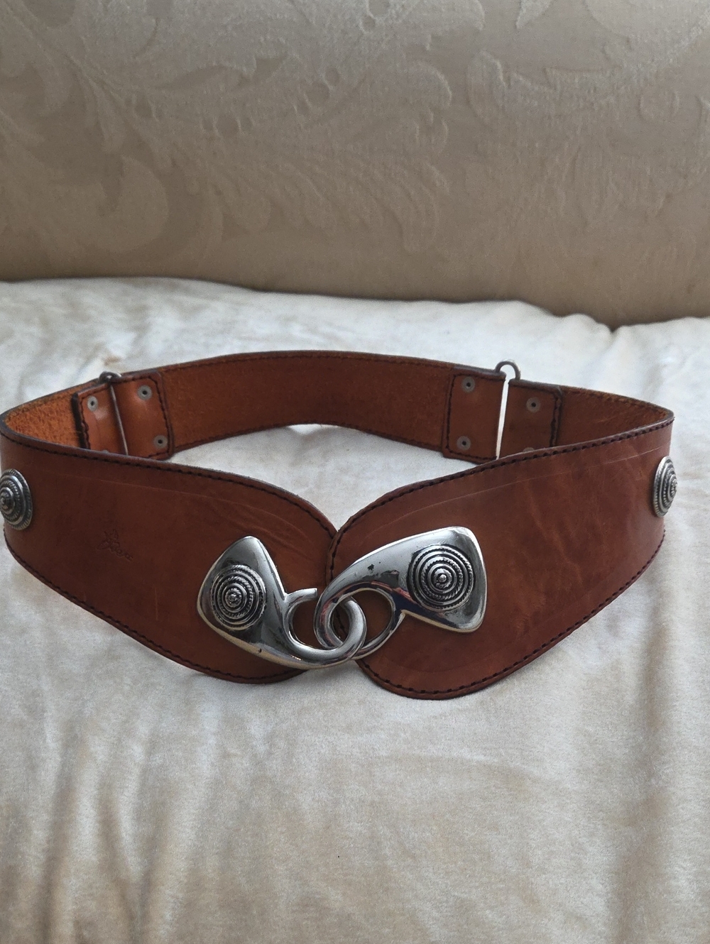 Wide Brown Leather Belt with Silver Swirl Hardware
